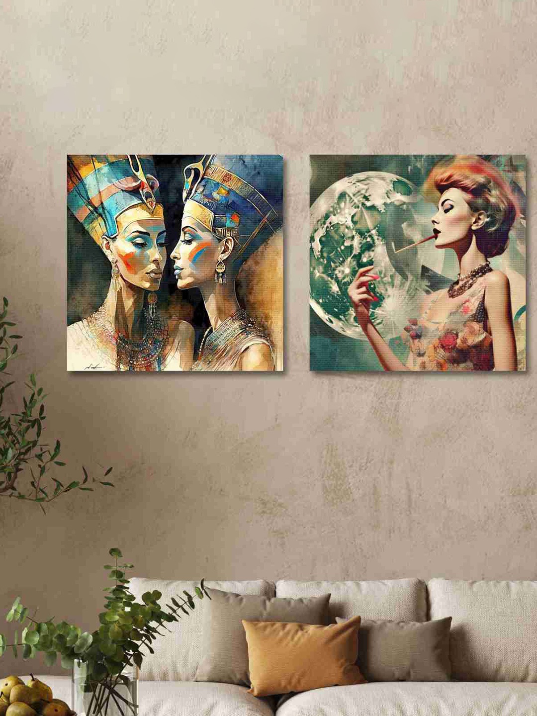 

SAF 2 Pcs Brown & Blue Modern Art Woman Painting Canvas Wall Art