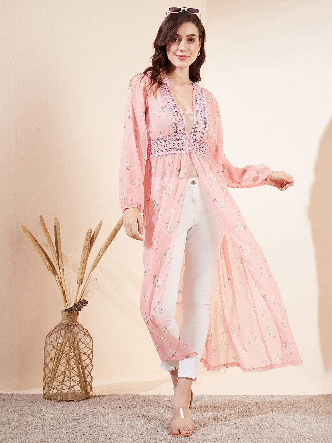 

MAGRE Floral Printed Longline Shrug, Peach