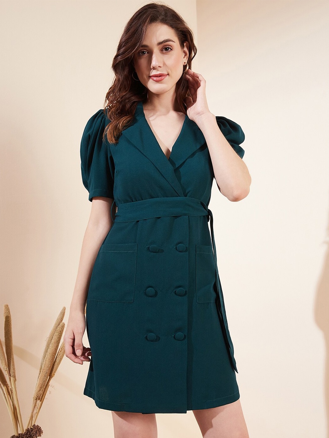

MAGRE Shirt Collar Puff Sleeves Blazer Dress, Green