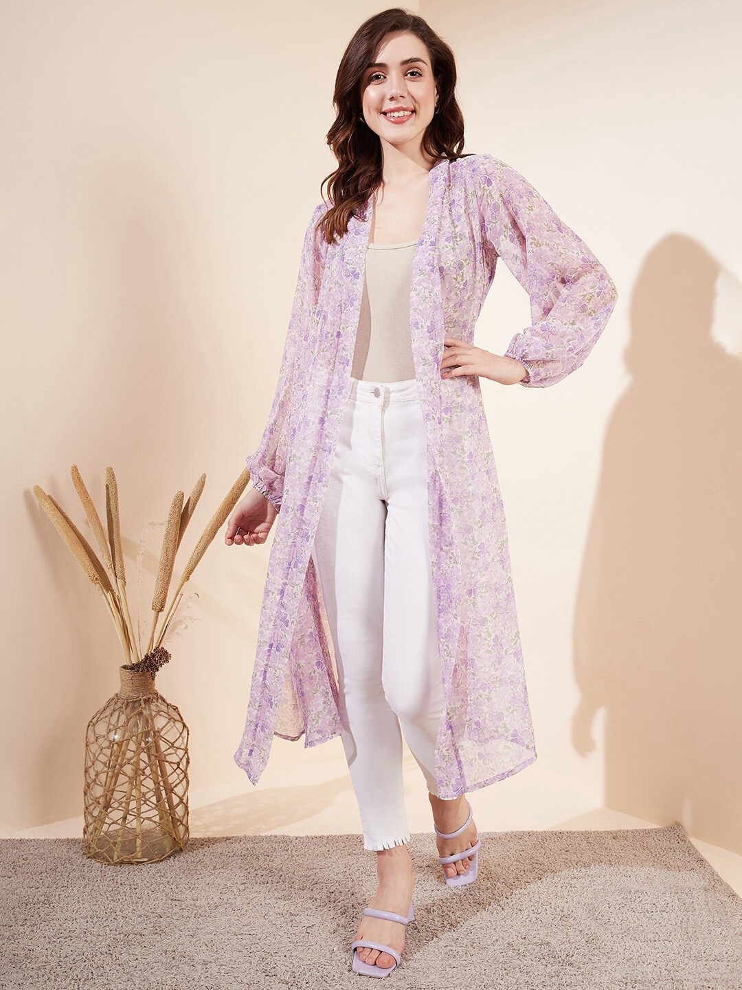 

MAGRE Floral Printed Open Front Longline Shrug, Lavender