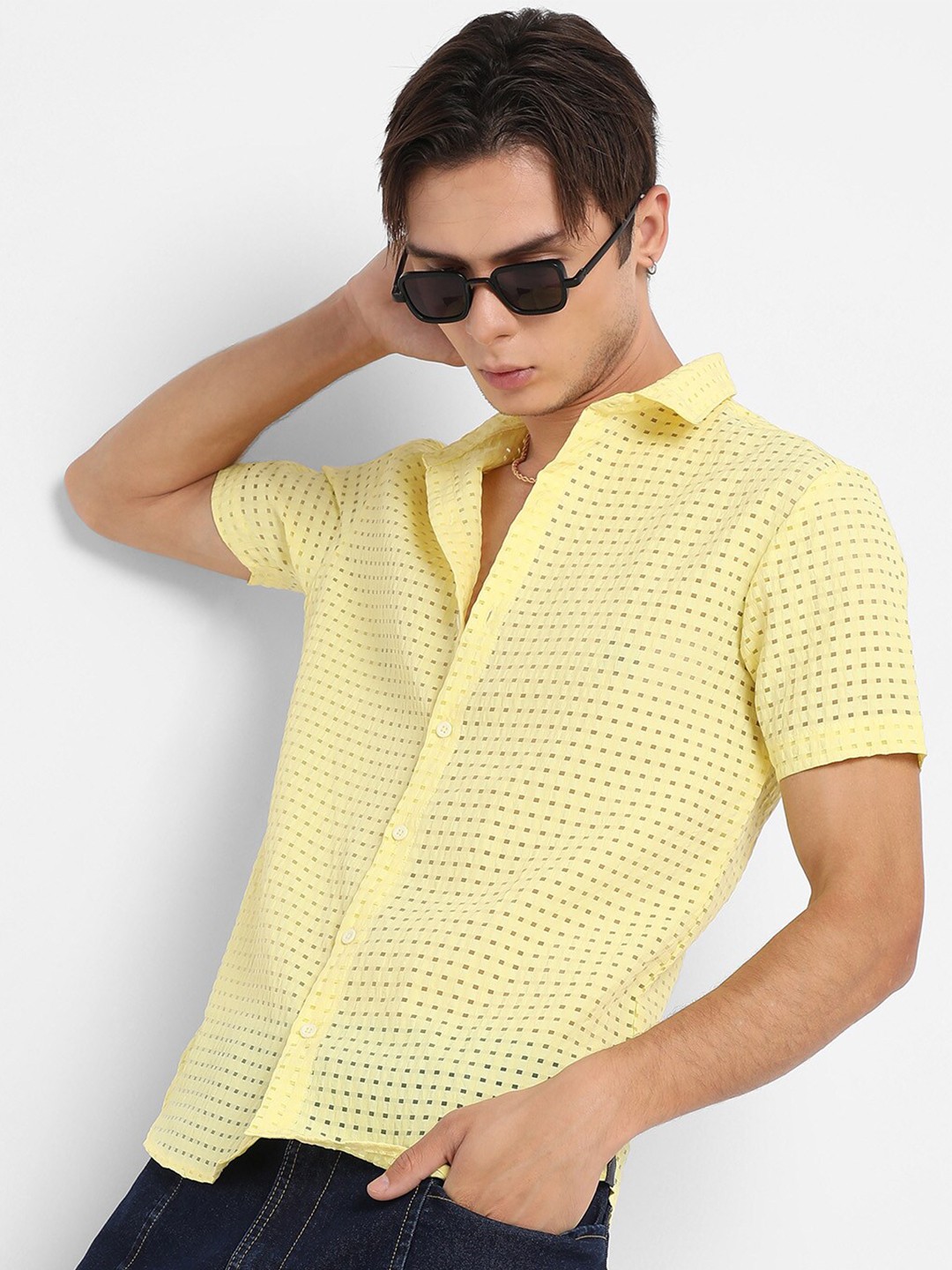 

Campus Sutra Classic Fit Self Design Casual Shirt, Yellow