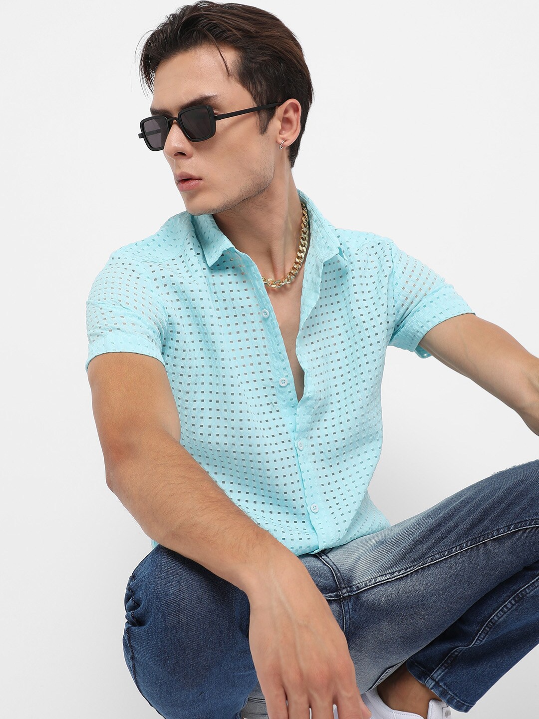 

Campus Sutra Classic Fit Self Design Casual Shirt, Blue