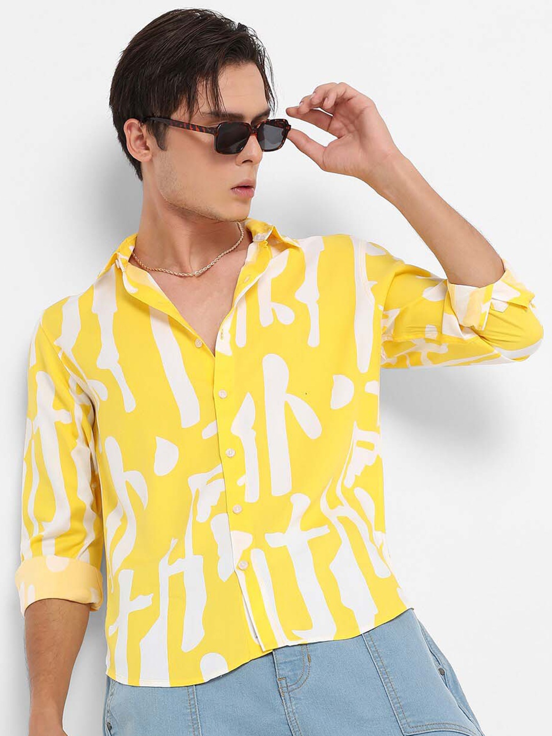 

Campus Sutra Classic Abstract Printed Spread Collar Casual Shirt, Yellow