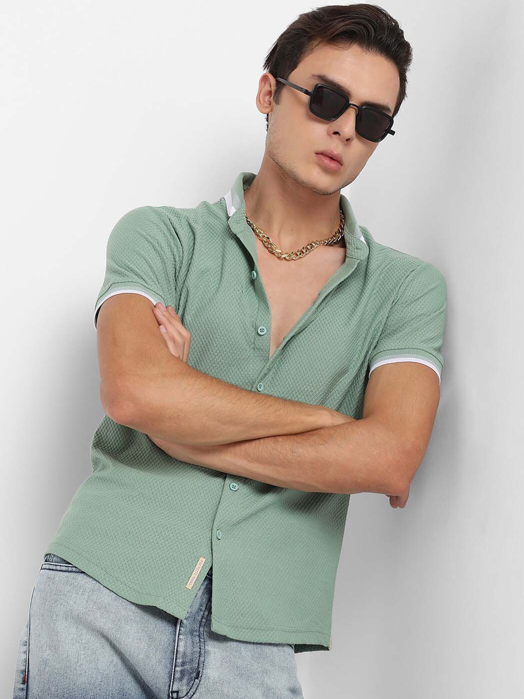 

Campus Sutra Classic Stand Collar Cotton Casual Shirt, Sea green