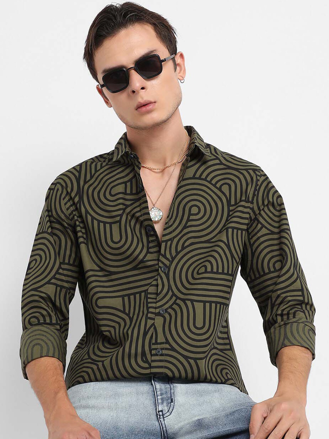 

Campus Sutra Abstract Printed Classic Regular Fit Cotton Casual Shirt, Olive