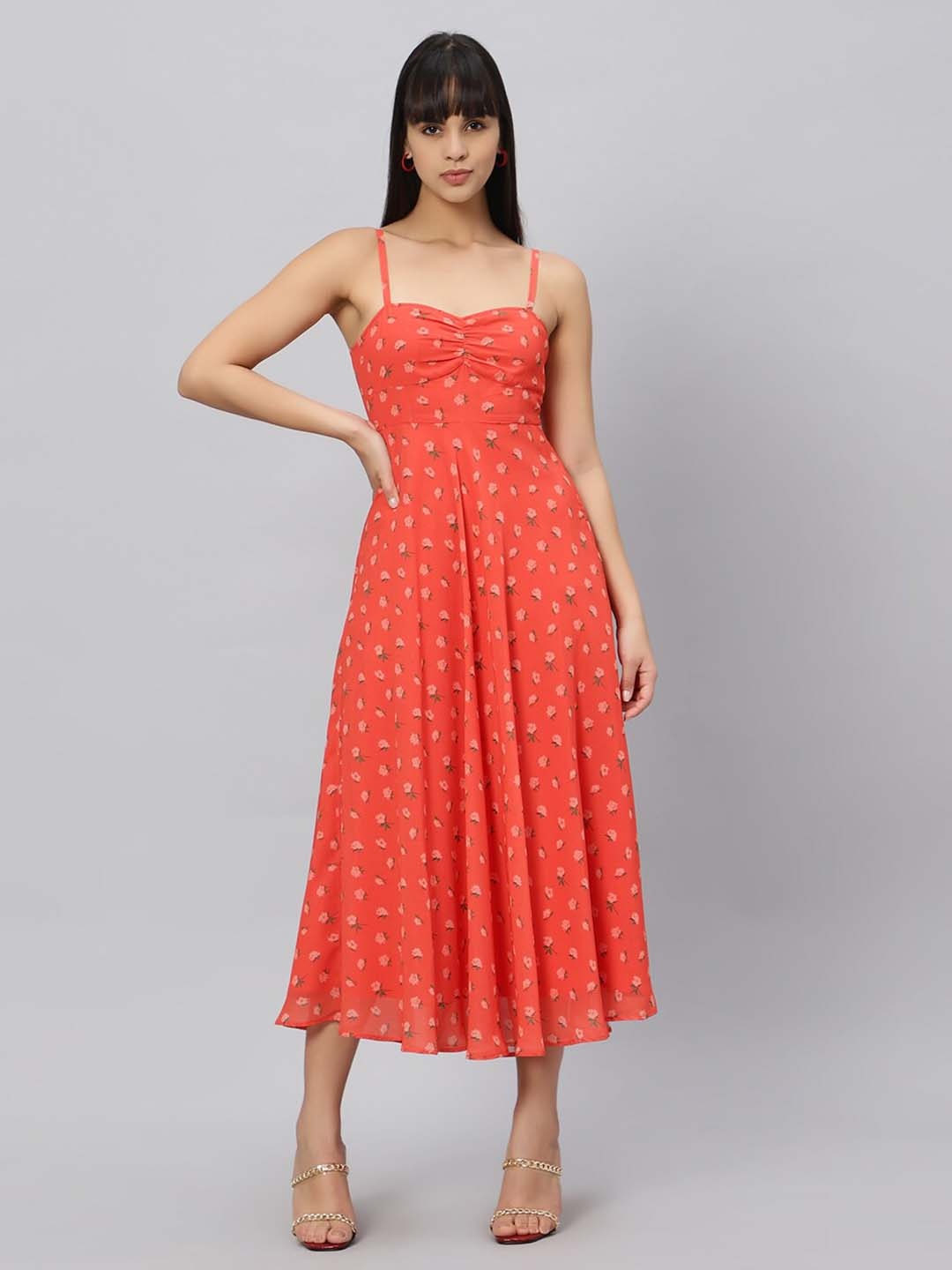 

OUI Floral Printed Shoulder Straps Georgette Midi Fit & Flare Dress, Orange