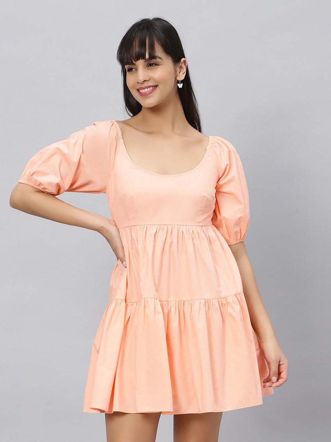

OUI Scoop Neck Tiered Fit & Flare Pure Cotton Mini Dress, Peach