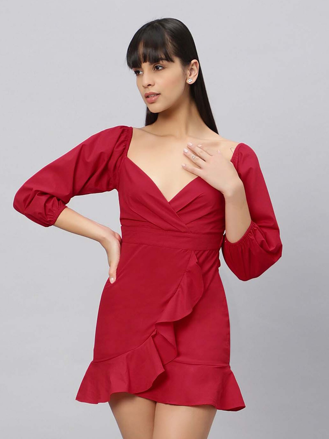 

OUI Sweetheart Neck Puff Sleeve Pure Cotton Mini Wrap Dress, Red