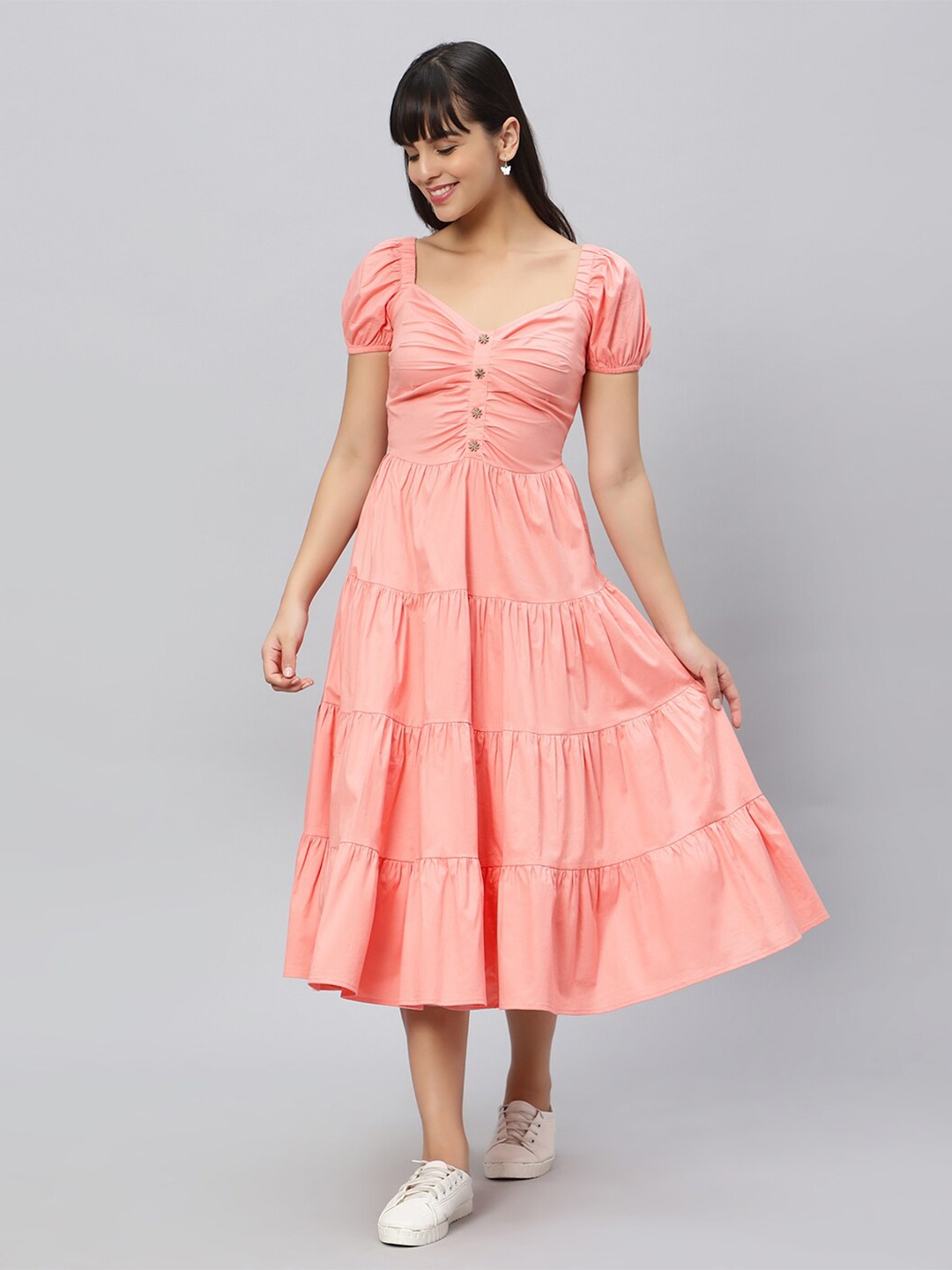 

OUI Sweetheart Neck Puff Sleeves Fit & Flare Midi Dress, Peach