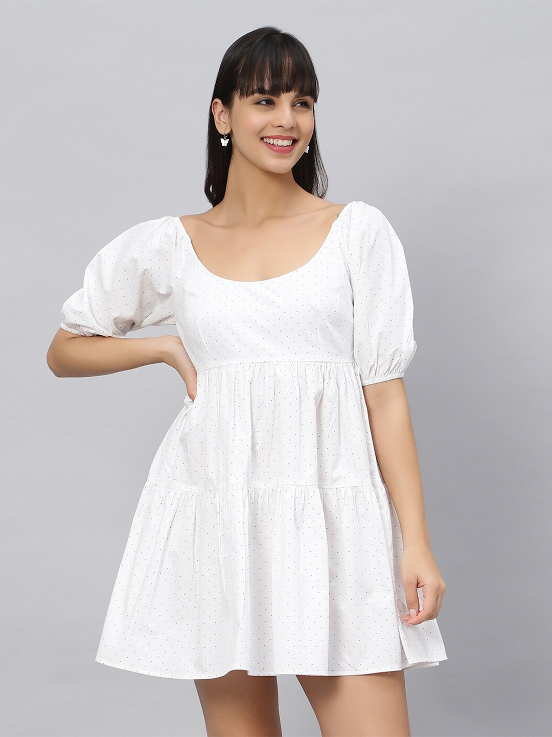 

OUI Polka Dots Printed Puff Sleeves Pure Cotton Tiered Empire Dress, White