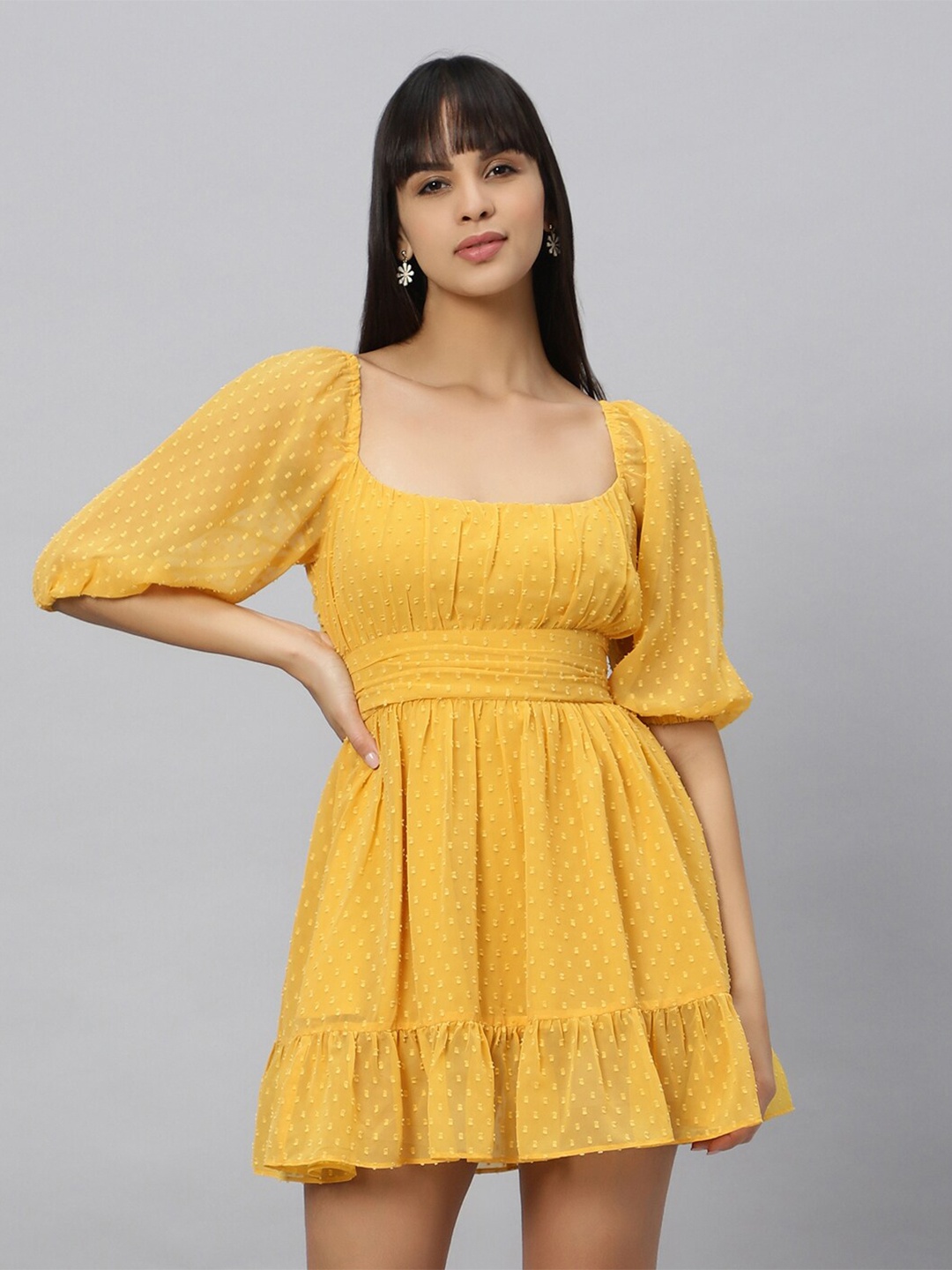 

OUI Square Neck Puff Sleeve Georgette Fit & Flare Mini Dress, Yellow