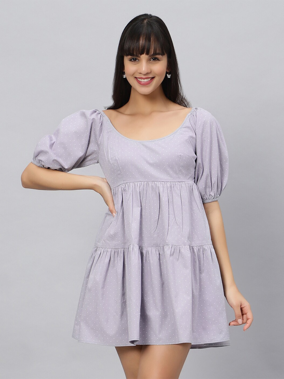 

OUI Polka Dots Printed Puff Sleeves Pure Cotton Tiered Empire Dress, Grey