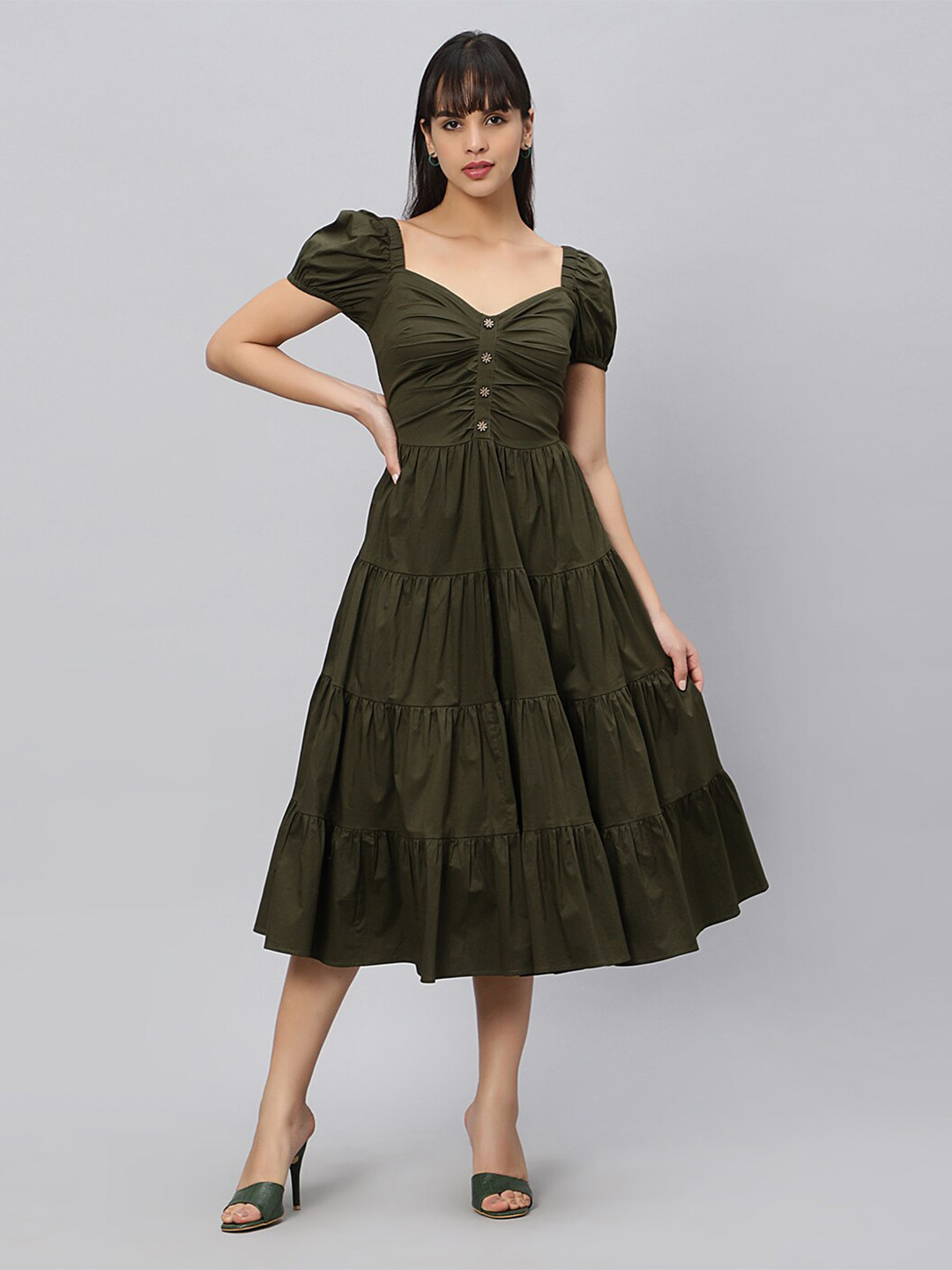 

OUI Sweetheart Neck Tiered Pure Cotton Fit and Flare Dress, Olive