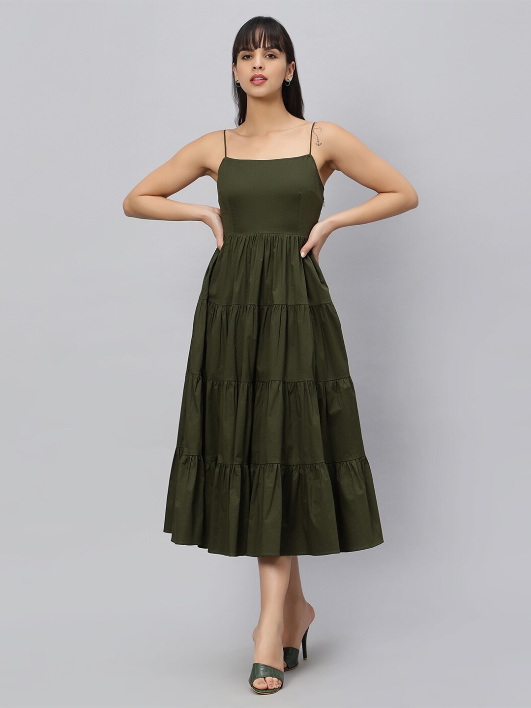 

OUI Shoulder Straps Tiered Pure Cotton Fit & Flare Midi Dress, Olive