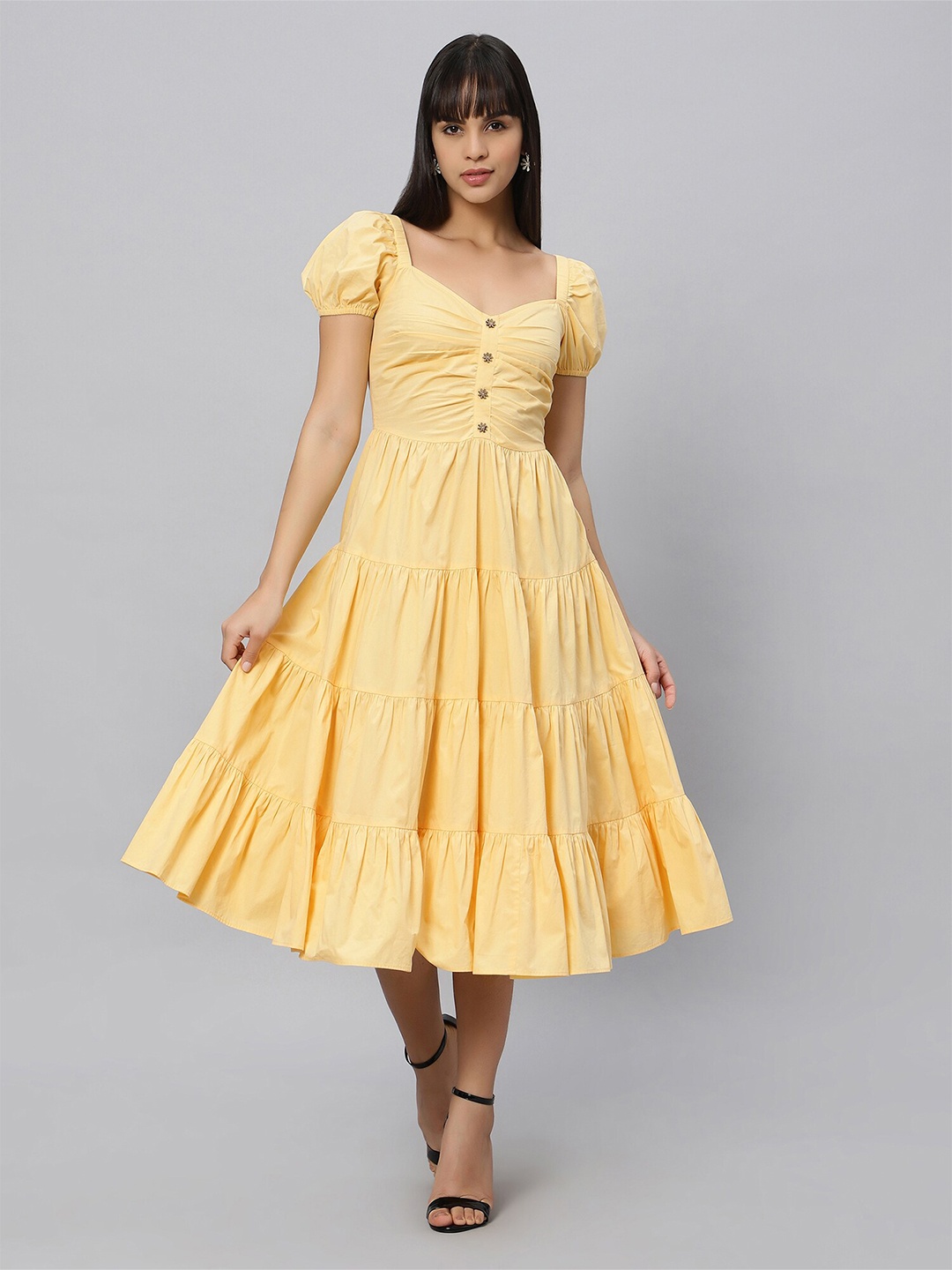 

OUI Sweetheart Neck Puff Sleeves Fit And Flare Tiered Midi Dress, Yellow