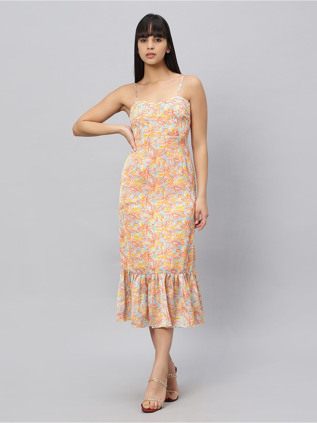 

OUI Floral Printed Satin Sheath Midi Dress, Blue