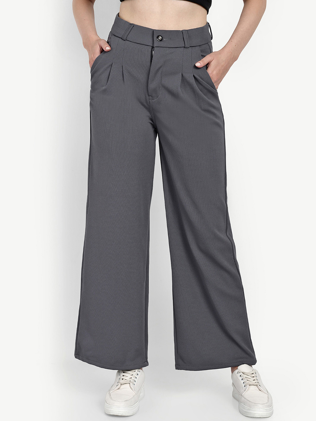 

BROADSTAR Women Smart Loose Fit High-Rise Easy Wash Pleated Cotton Parallel Trousers, Grey