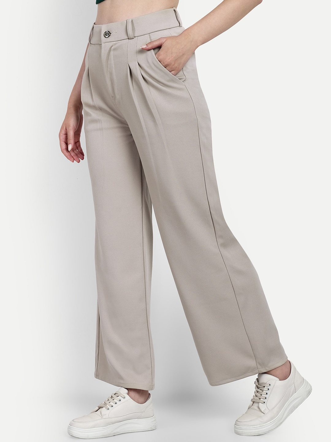 

BROADSTAR Women Smart Loose Fit High-Rise Easy Wash Cotton Parallel Trousers, Beige