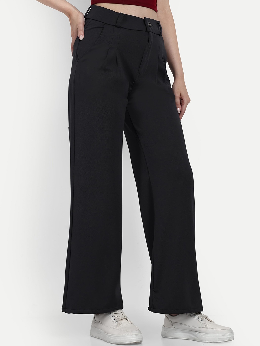 

BROADSTAR Women Smart Loose Fit High-Rise Easy Wash Pleated Cotton Trousers, Grey