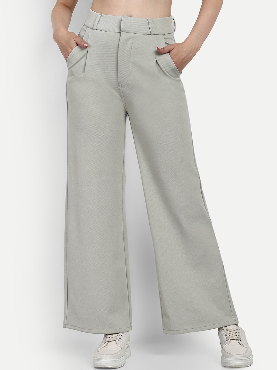 

BROADSTAR Women Smart Loose Fit High-Rise Easy Wash Cotton Pleated Parallel Trousers, Grey