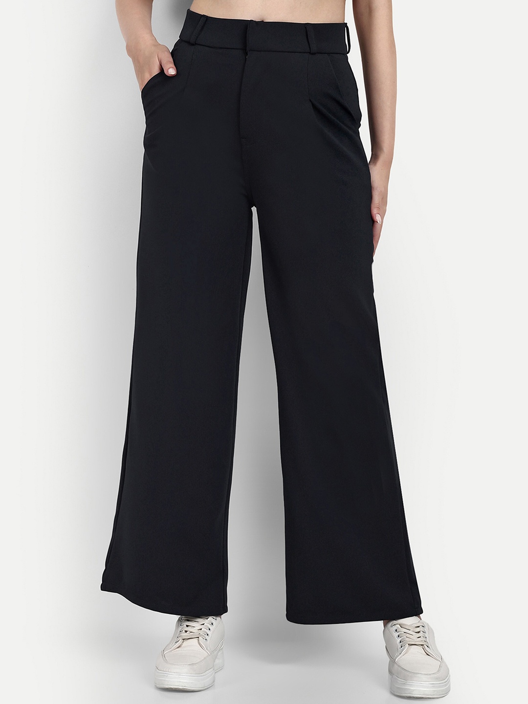 

BROADSTAR Women Smart Loose Fit High-Rise Easy Wash Cotton Parallel Trousers, Navy blue