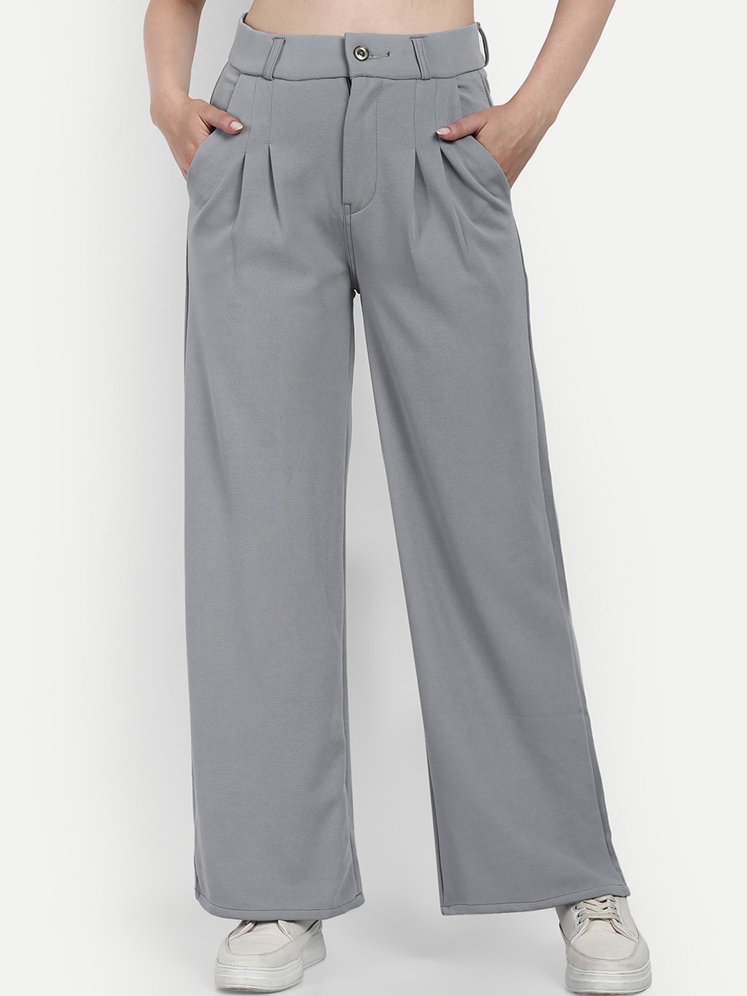 

BROADSTAR Women Smart Loose Fit High-Rise Easy Wash Pleated Cotton Parallel Trousers, Grey