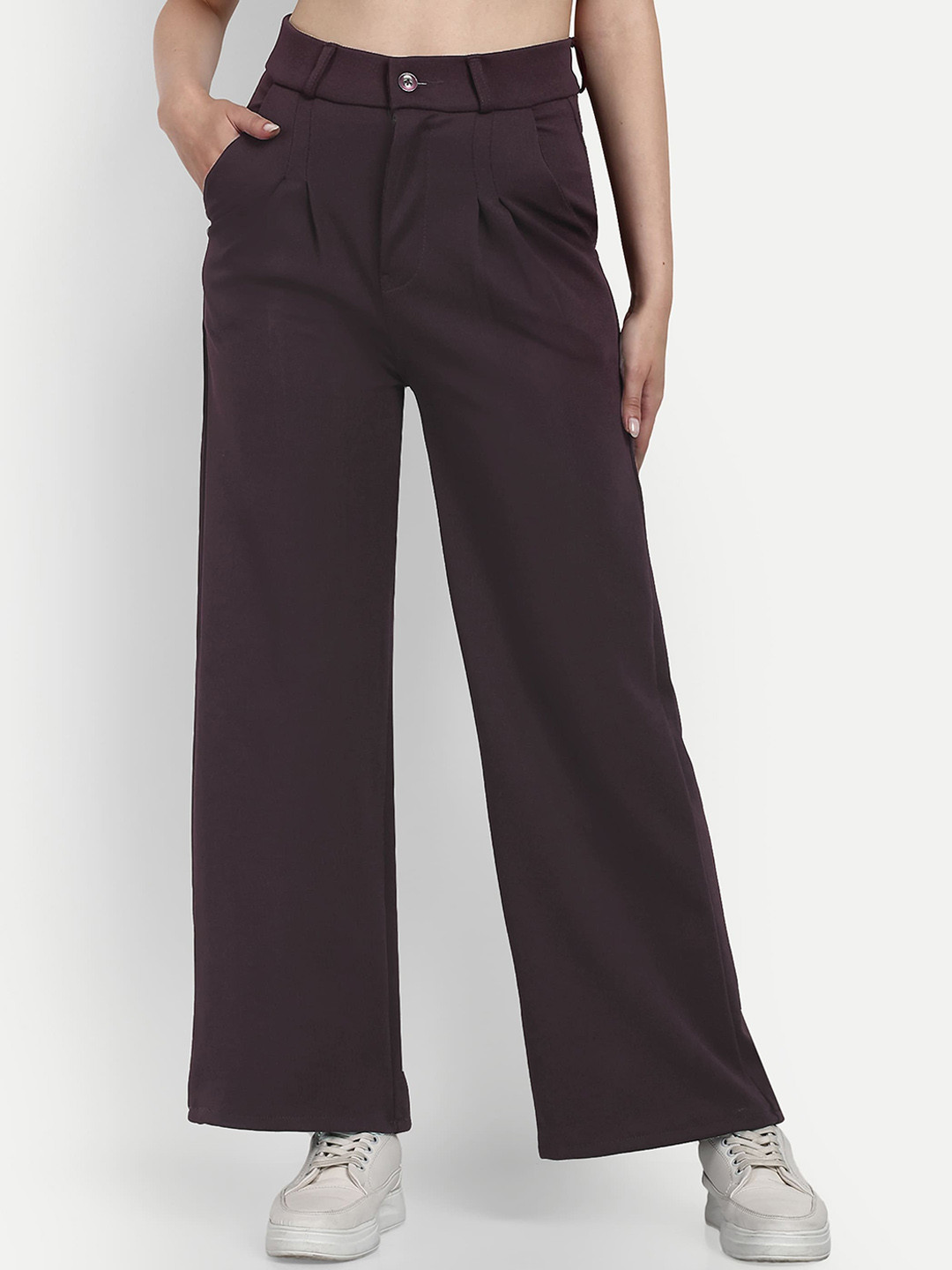 

BROADSTAR Women Smart Loose Fit High-Rise Easy Wash Pleated Cotton Parallel Trousers, Brown