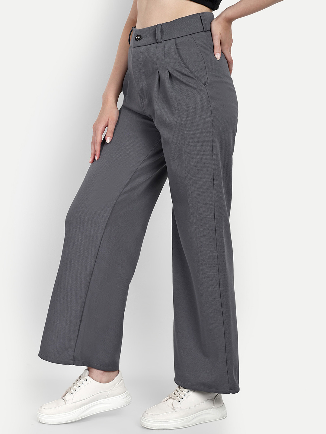 

BROADSTAR Women Smart Loose Fit High-Rise Easy Wash Cotton Parallel Trousers, Grey