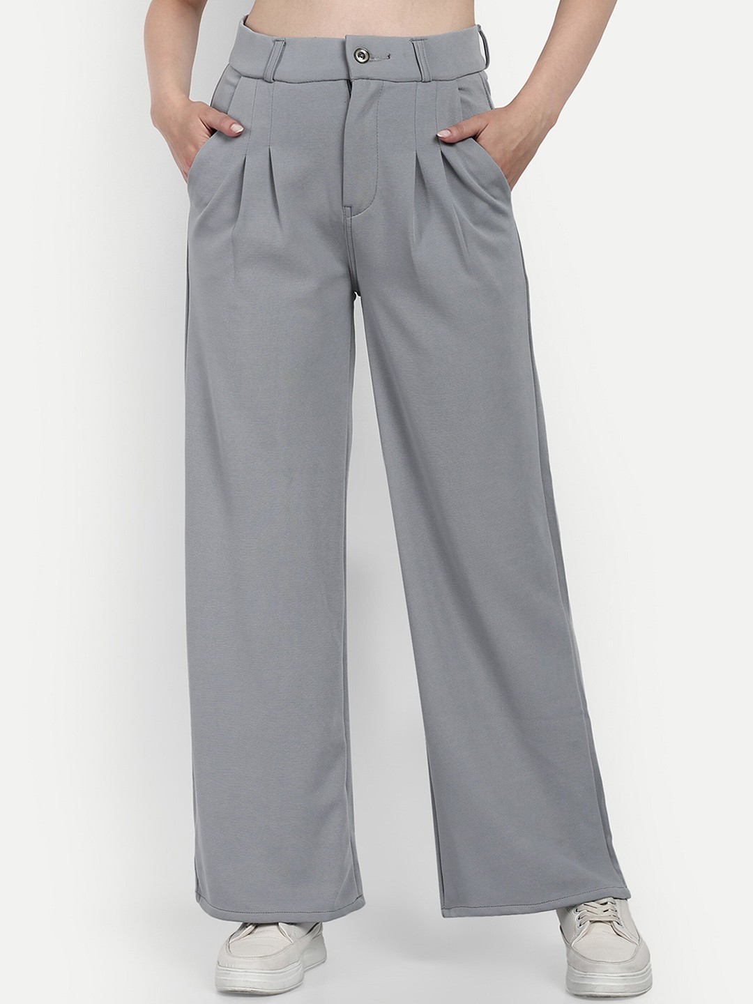 

BROADSTAR Women Smart Loose Fit High-Rise Easy Wash Pleated Parallel Trouser, Grey