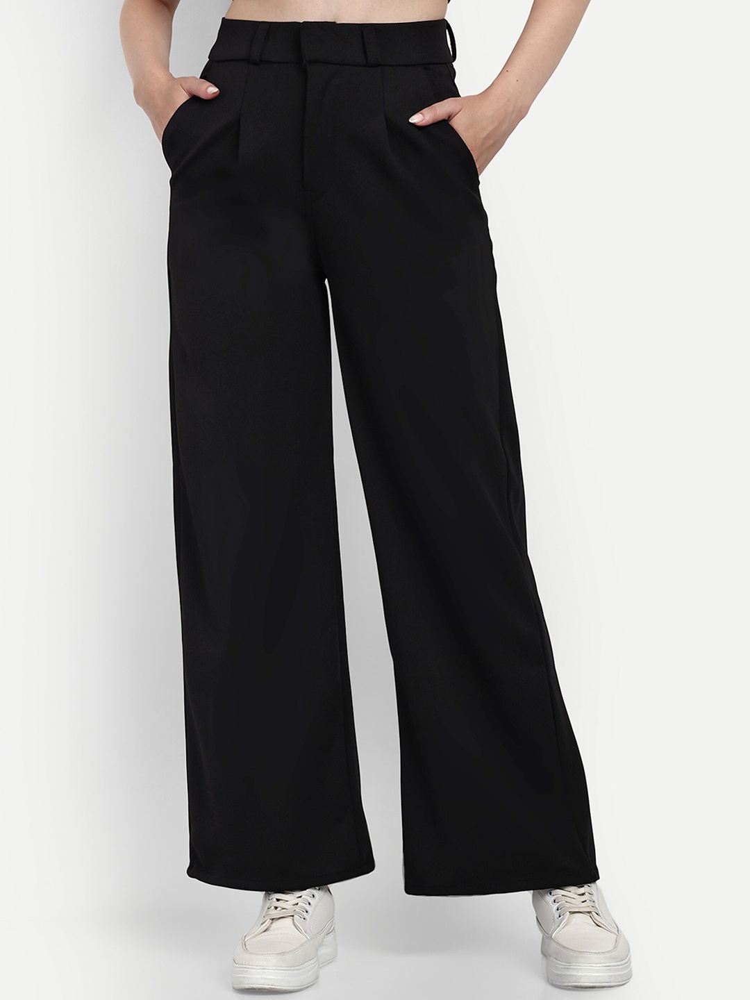 

BROADSTAR Women Smart Loose Fit High-Rise Cotton Easy Wash Parallel Trousers, Black
