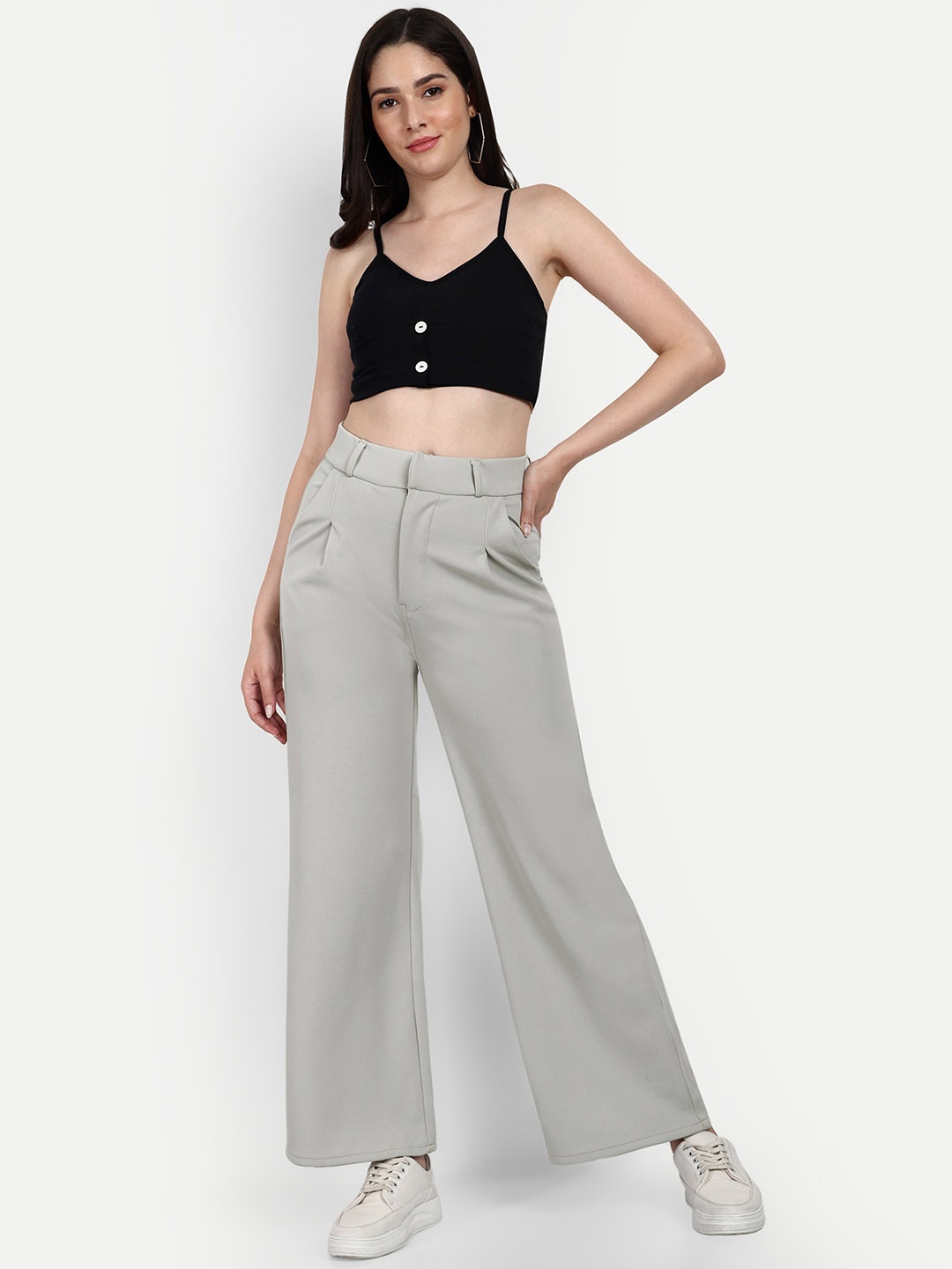 

BROADSTAR Women Smart Loose Fit High-Rise Easy Wash Pleated Parallel Trousers, Grey