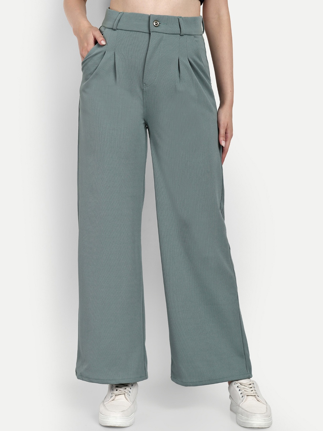 

BROADSTAR Women Smart Loose Fit High-Rise Easy Wash Pleated Cotton Trousers, Sea green