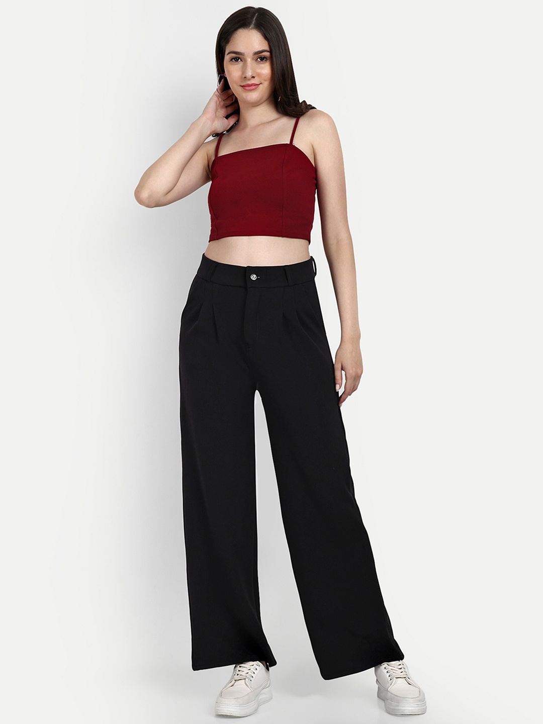 

BROADSTAR Women Smart Loose Fit High-Rise Easy Wash Cotton Trousers, Black