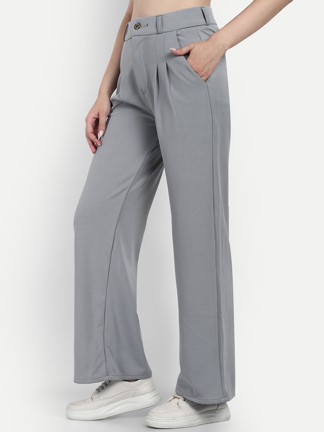 

BROADSTAR Women Smart Loose Fit High-Rise Cotton Easy Wash Parallel Trousers, Grey