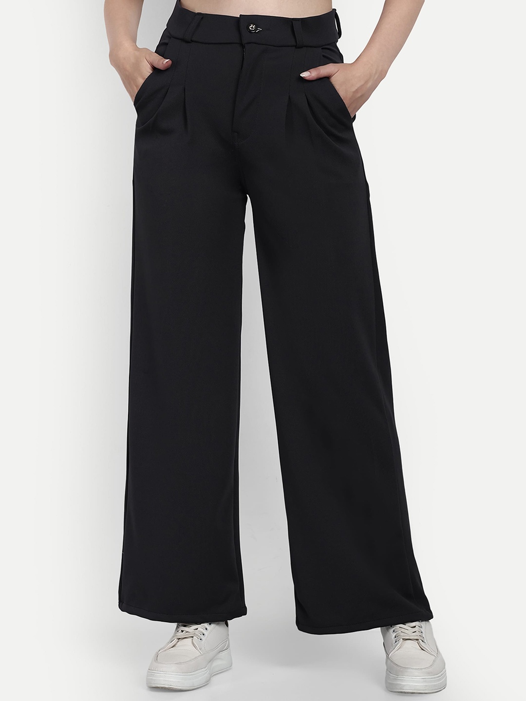 

BROADSTAR Women Smart Loose Fit High-Rise Cotton Easy Wash Pleated Parallel Trousers, Grey
