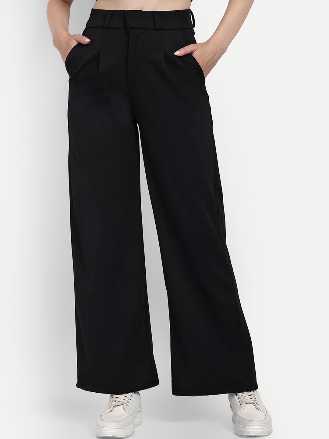 

BROADSTAR Women Smart Loose Fit High-Rise Easy Wash Pleated Parallel Trousers, Black