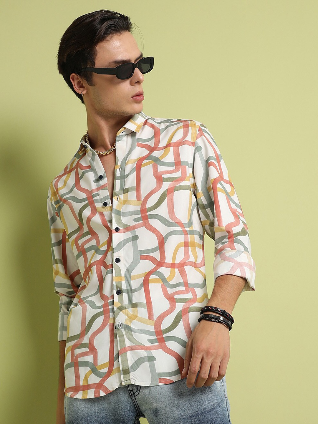 

Campus Sutra Spread Collar Classic Abstract Printed Casual Cotton Shirt, White