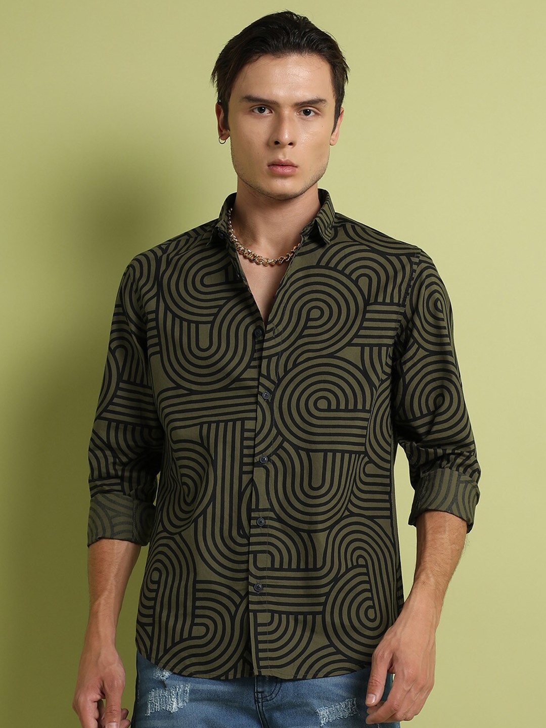 

Campus Sutra Classic Abstract Printed Casual Cotton Shirt, Olive