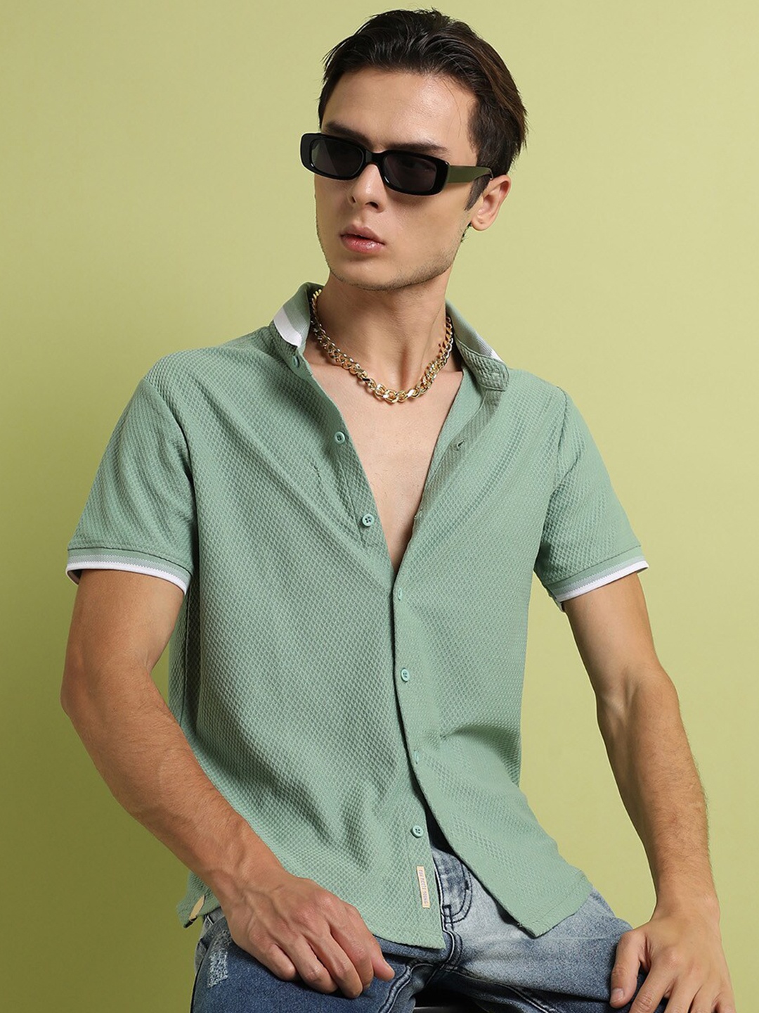 

Campus Sutra Classic Self Design Club Collar Cotton Casual Shirt, Sea green