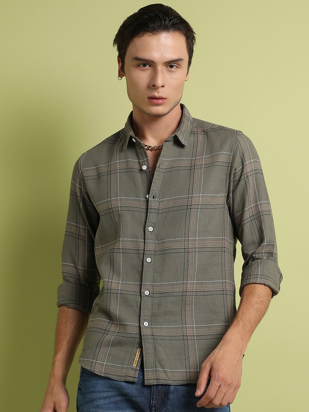 

Campus Sutra Classic Tartan Checked Casual Cotton Shirt, Olive