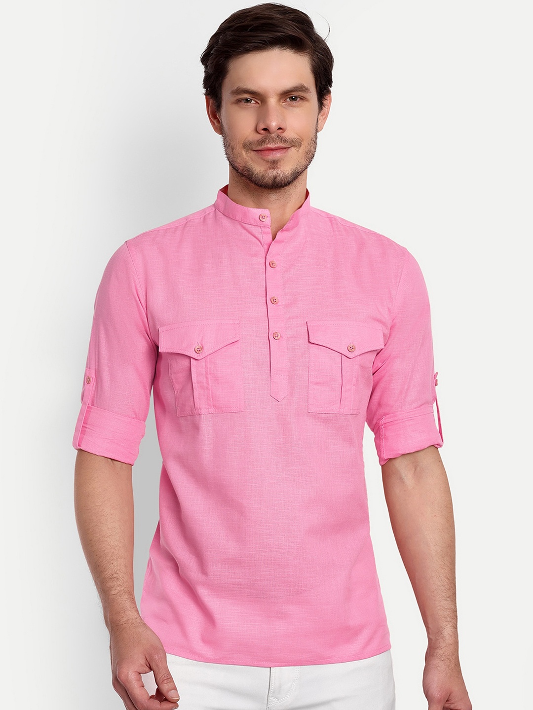 

Vida Loca Band Collar Pure Cotton Kurta, Pink