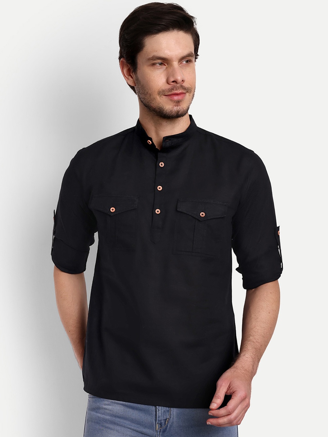 

Vida Loca Band Collar Pure Cotton Kurta, Black