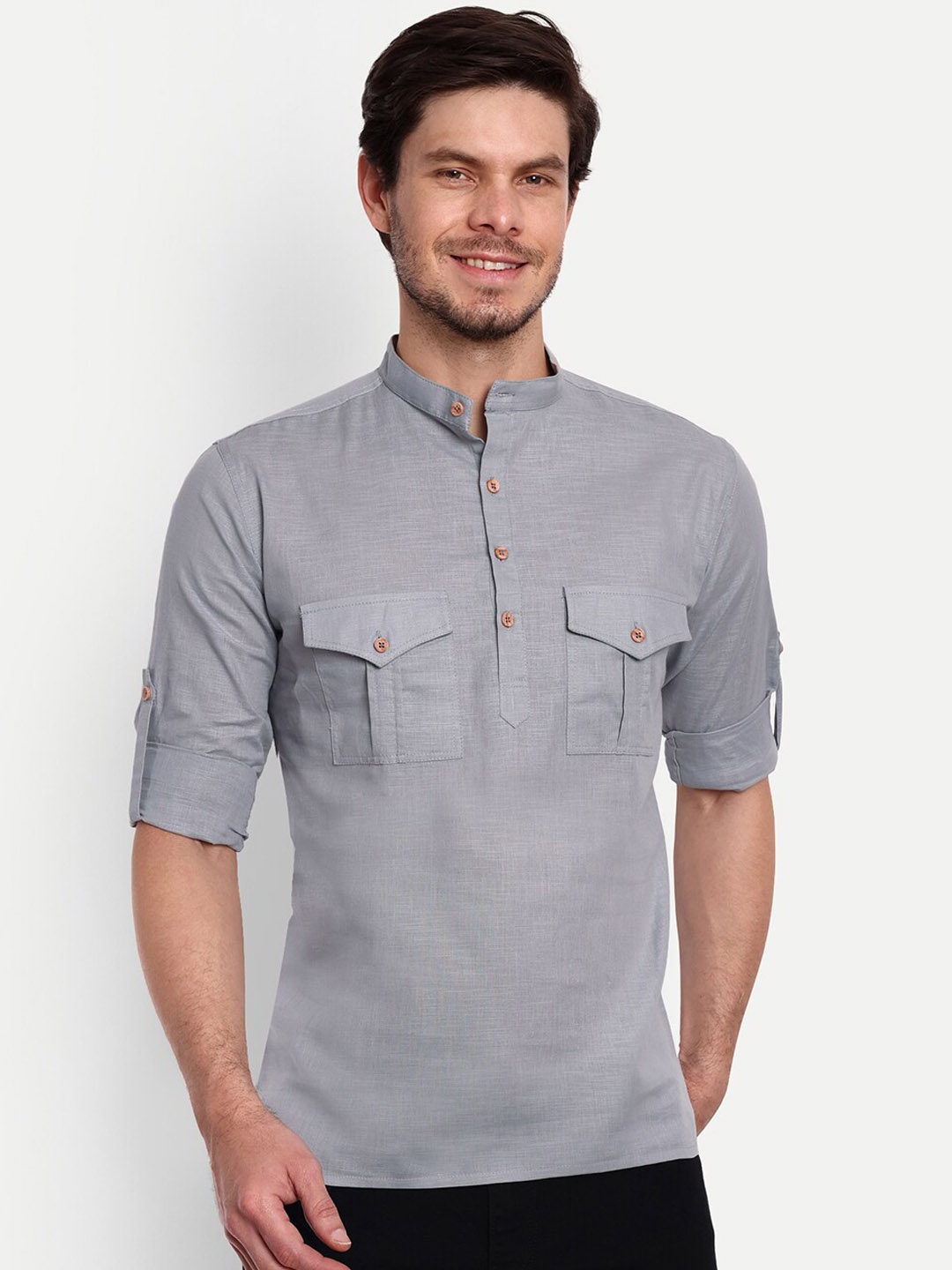 

Vida Loca Band Collar Pure Cotton Kurta, Grey