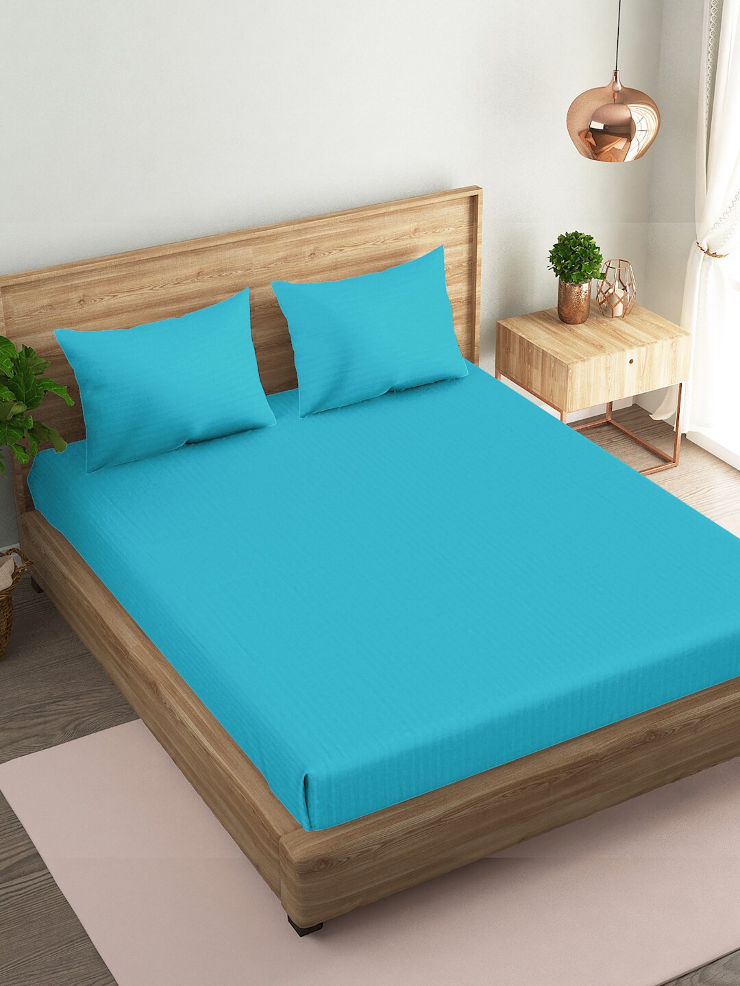 

Naksh Turquoise Blue Striped Cotton 210 TC Queen Bedsheet With 2 Pillow Covers