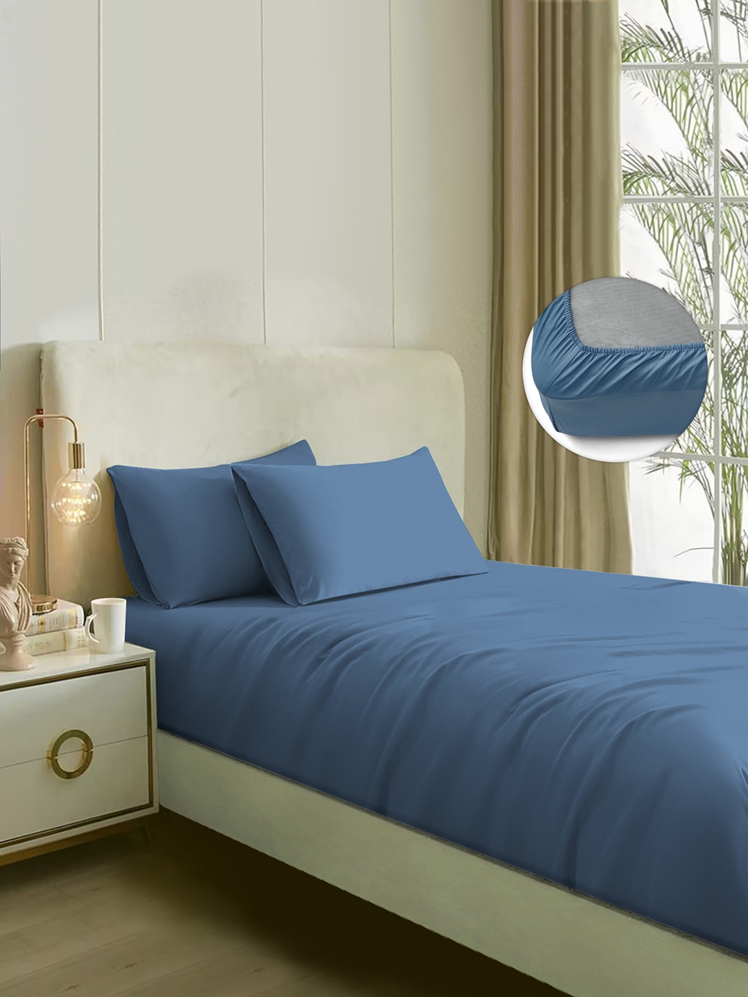 

Naksh Blue Cotton 210 TC King Fitted Bedsheet With 2 Pillow Covers