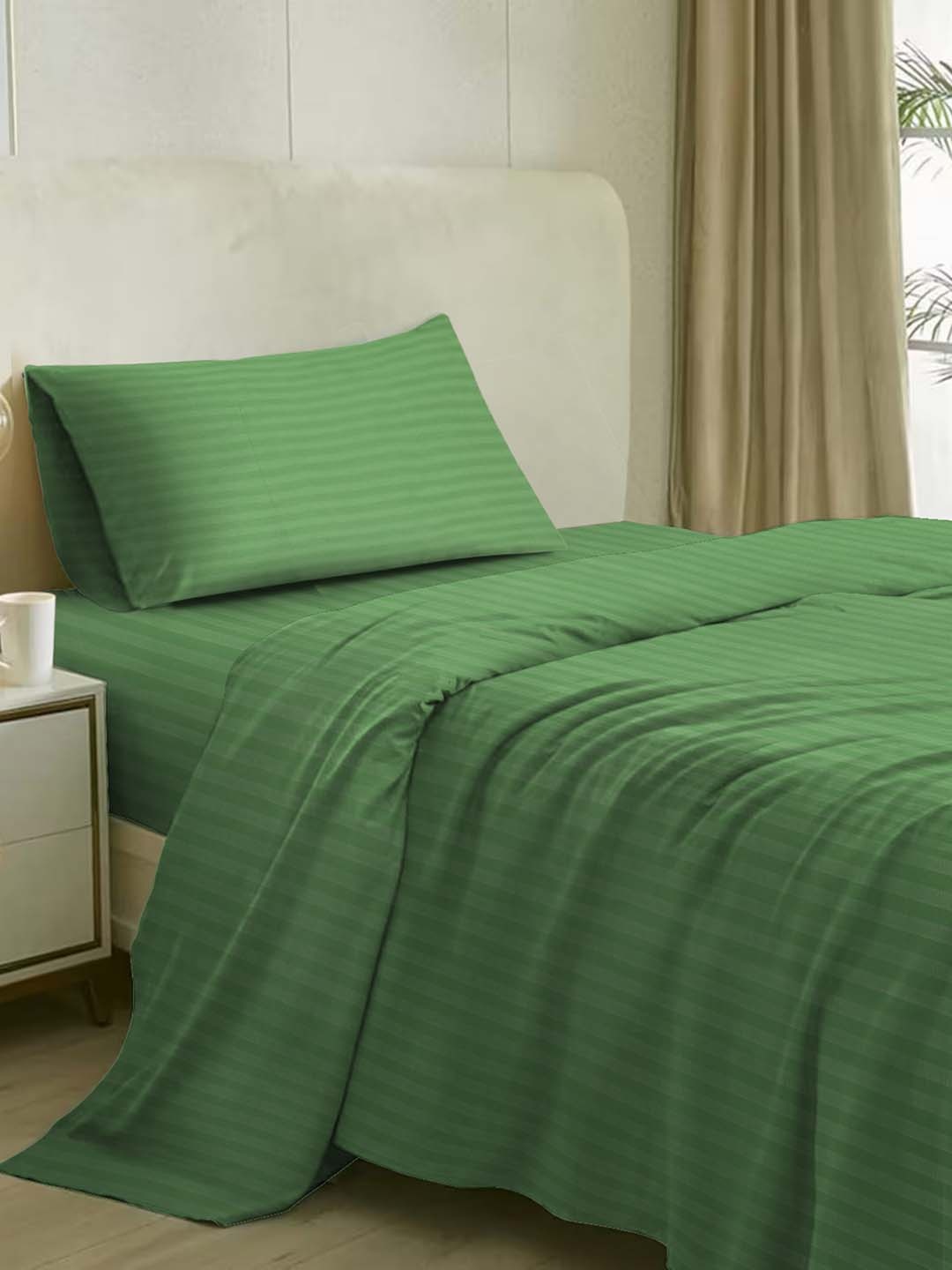 

Naksh Green Striped Cotton 210 TC Single Bedsheet With 1 Pillow Cover