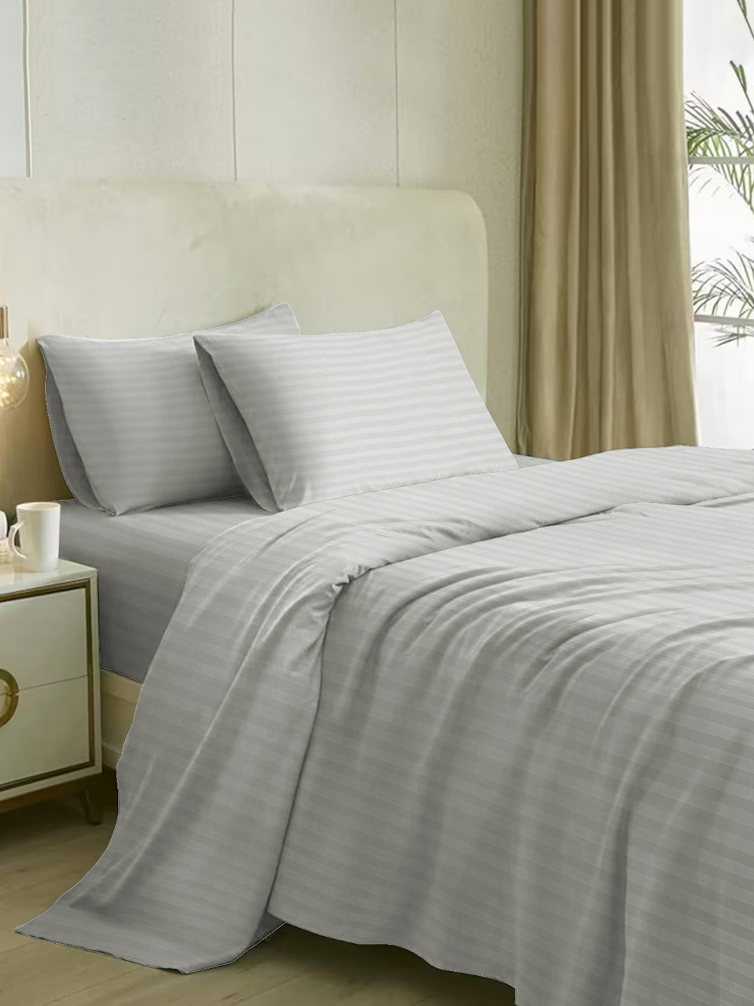

Naksh White Striped Cotton 210 TC King Bedsheet with 2 Pillow Covers