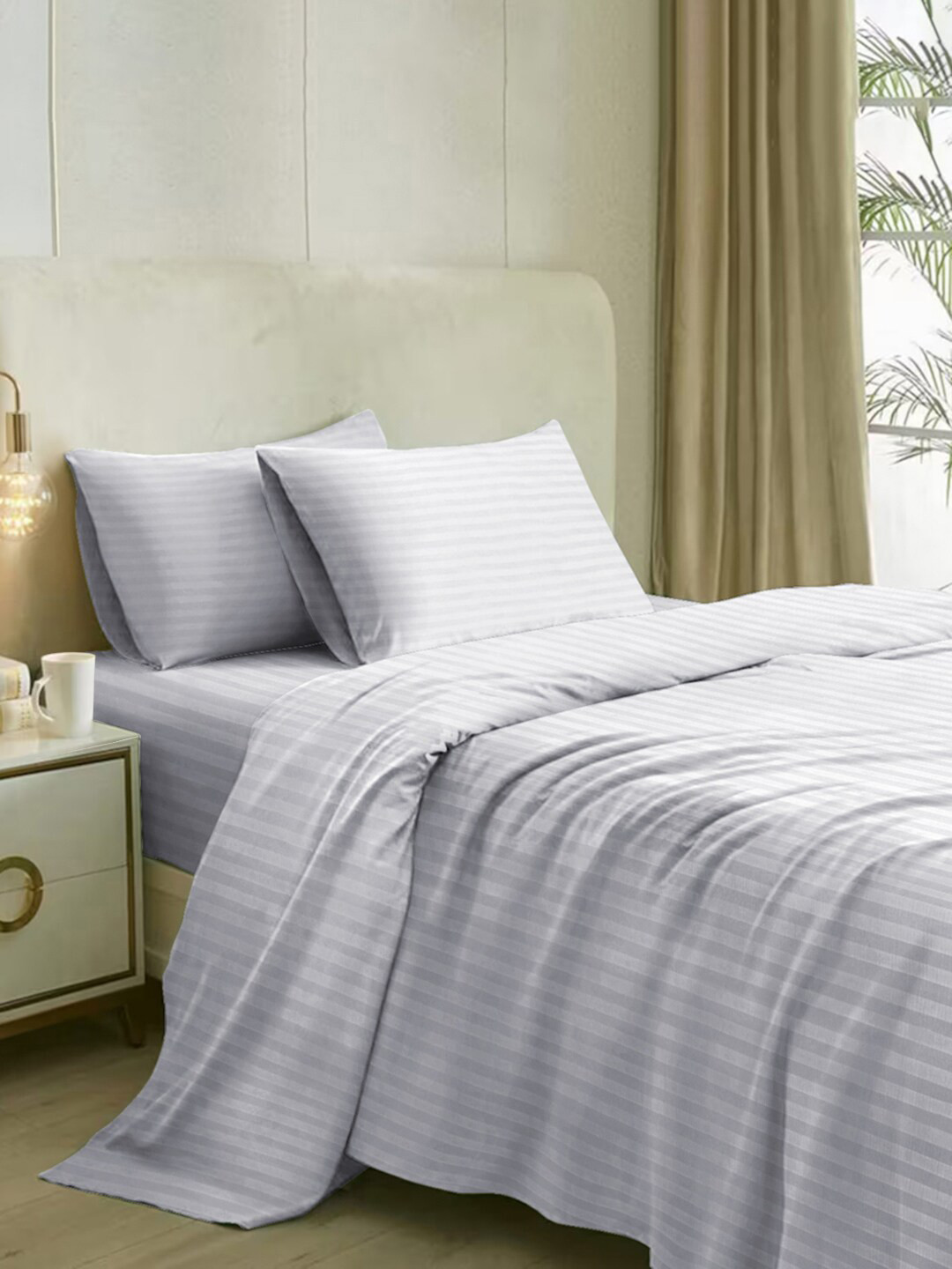 

Naksh White Striped Cotton 400 TC King Bedsheet with 2 Pillow Covers