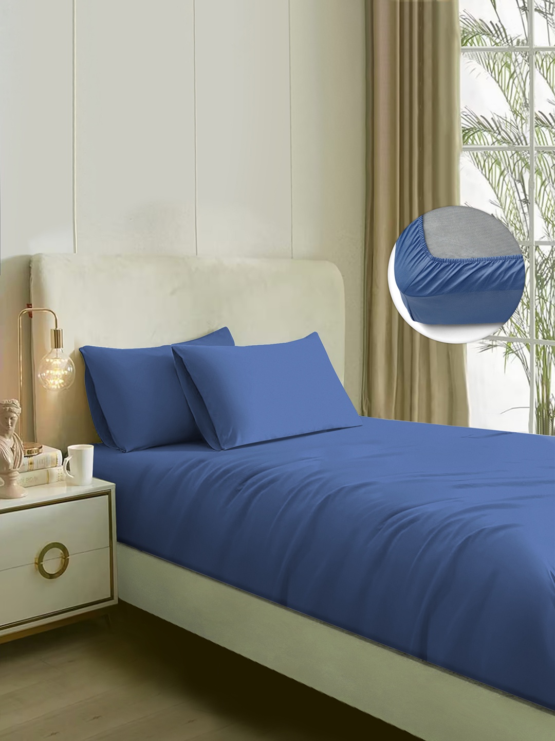 

Naksh Blue Cotton Fitted 300 TC King Bedsheet With 2 Pillow Covers