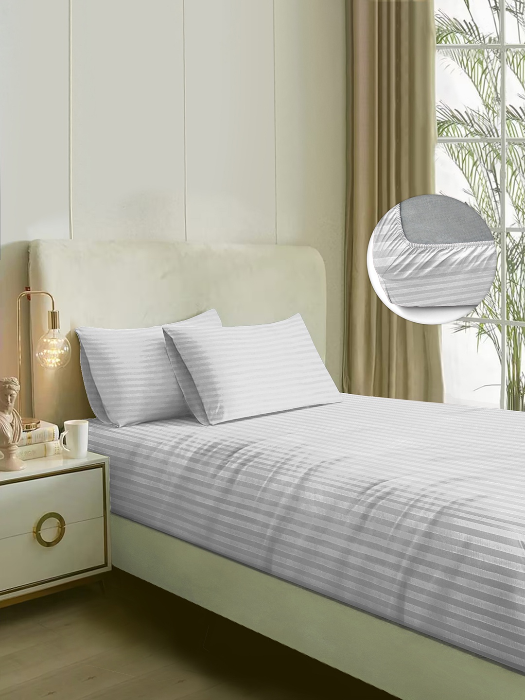 

Naksh White Striped Cotton Fitted 210 TC King Bedsheet With 2 Pillow Covers